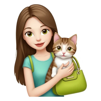 White Woman with VERY long straight brown hair, rosy lips and cheeks, big chartreuse eyes, cute happy big smile holding a white and brown tabby kitten, wearing a black purse sticker
