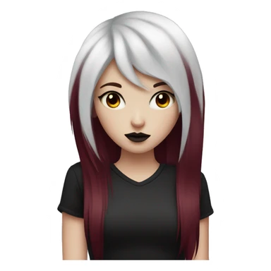 Pale girl with black eyeshadow and burgundy red  colored hair with an emo haircut that’s long and layered holding a black cat sticker