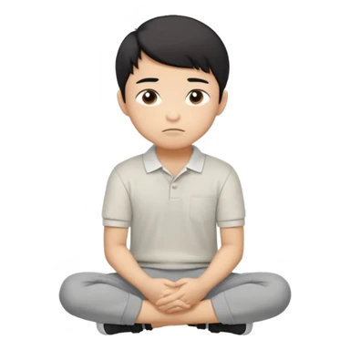 Cartoon Asian boy sitting cross-legged, clearly resting his closed fist against his cheek, looking thoughtful with a slight smirk. White polo, gray pants, black shoes, large eyes, short black hair. Clean vector style, flat colors, black background. sticker