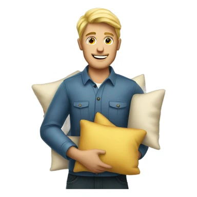 blonde man storekeeper holding pillows sticker