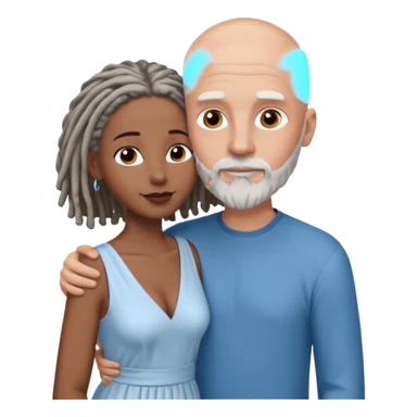 Tall bald white man with a short white beard and blue eyes in a lovingly embrace with a black woman with brown eyes and grey hair dreads sticker