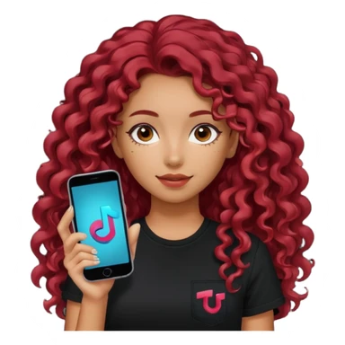 A girl with long, dark red curly hair, wearing a black T-shirt, is holding a phone with the TikTok icon sticker