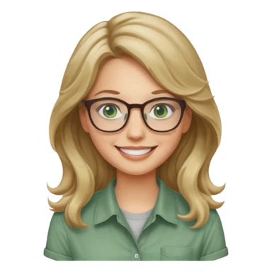long wavy dirty blonde hair woman with green eyes and glasses smiling sticker