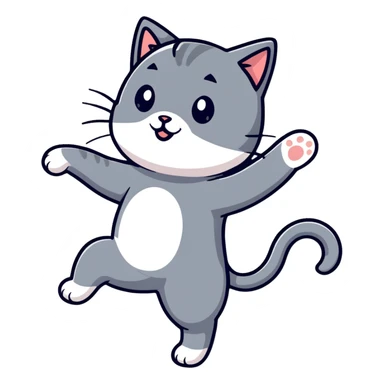 A grey cat with a white breast is dancing sticker