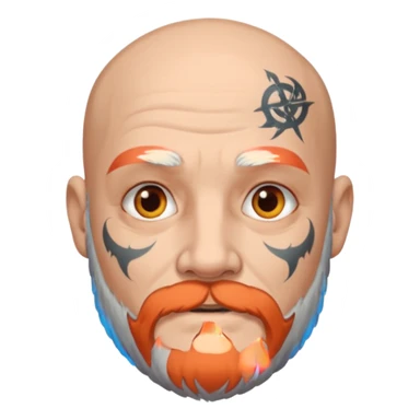 bald grey bearded man with face tattoo sticker