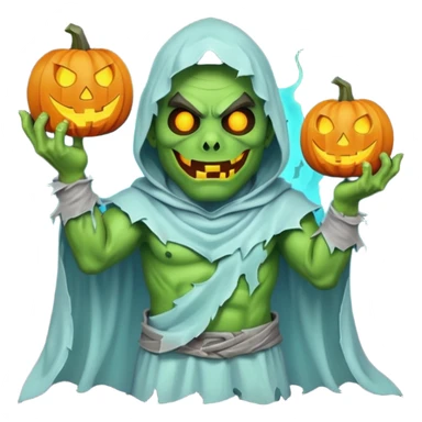 male orc warrior ghost emoji, green skin, wearing torn white ghost sheet costume, holding glowing jack-o'-lantern, faint blue aura, friendly but spooky expression, Halloween fantasy theme, Apple emoji style, clean white background, square sticker
