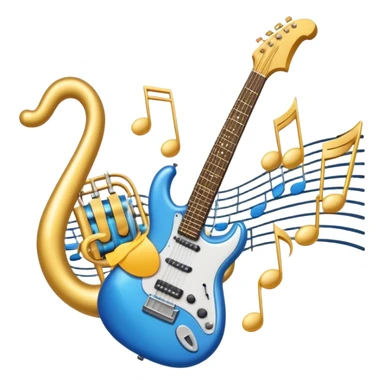 Create an elegant and dynamic emoji that represents music arrangement and orchestration. The design should feature musical notes, a synthesizer, drums, and an electric guitar, symbolizing the diverse instruments used in arranging and orchestrating music. Incorporate flowing lines to represent harmony and rhythm, with a subtle representation of sheet music. Use a combination of vibrant and classic colors like electric blue, gold, and silver, blending the electronic and traditional aspects of arrangement. The background should be transparent. sticker