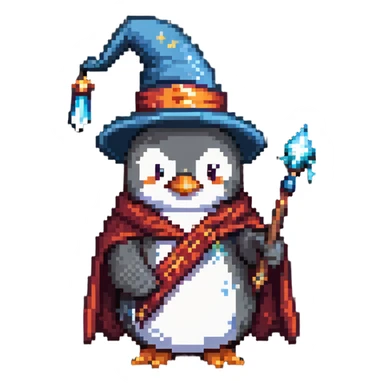 penguin wearing wizard hat and robe holding a magic wand sticker