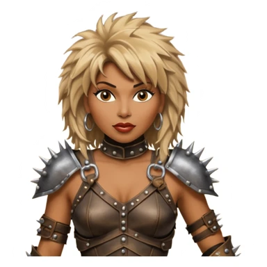 solarpunk ultra HD - portrait of Tina Turner in costume from the movie Mad Max Beyond Thunderdome, dramatic backlit by bronze spotlights sticker