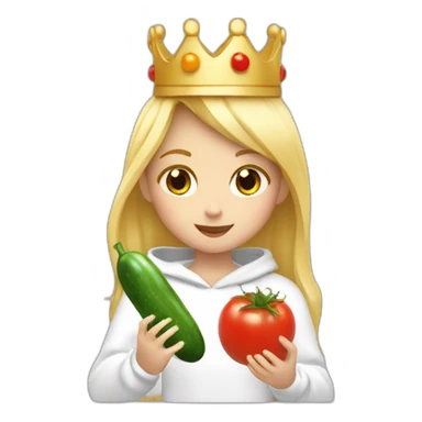 blonde girl  eating  cucumber and tomatoes with white hoodie iridescent and a crown princess sticker