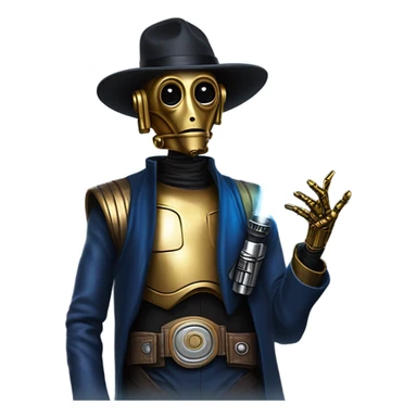 bounty hunter tarnished undercover tough well-equipped Jedi  life-sized darkblue-pearl C3po leather vest clothing pants and vest old west duster coat holding light saber sheriff sticker