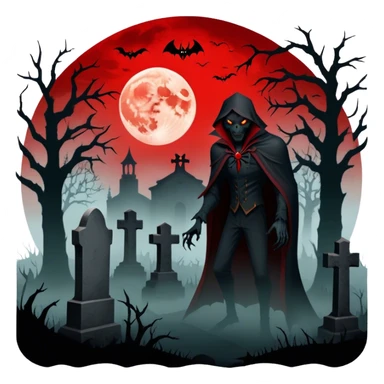 Icon for Horror Movies: A chilling collage with a monstrous werewolf or vampire, dark silhouettes, eerie graveyards, and creepy elements like spiders and tombstones. Ghostly fog surrounds, with a blood-red moon in the sky. The atmosphere is unsettling, eerie, and haunting. Transparent background. sticker