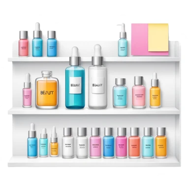 big long white shelf with one serum bottle labeled beauty brand and big sticky note next to it sticker