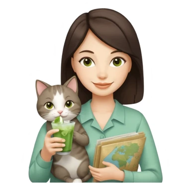 a brunette woman in here 30S drinking an iced matcha, carrying a grey cat and a map of the world sticker