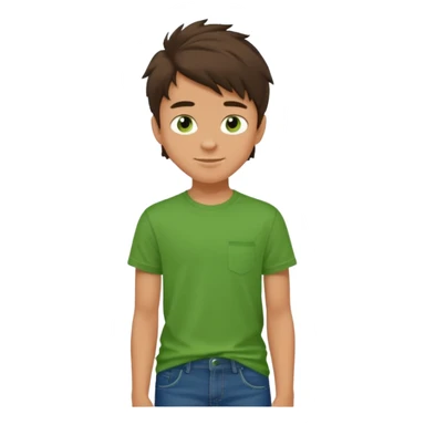 A 14 yerar old teenage boy, tanned, wearing a green t-shirt , blue jeans and green sneakers with dark brown tousled hair, smirking sticker