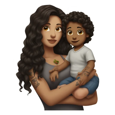  Brunette with tattoos on arm with long hair holding a baby boy with dark brown curly hair  sticker