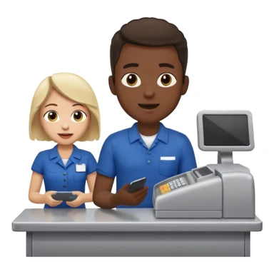 Supermarket employee at a cash register, full body, serving a man surprised sticker