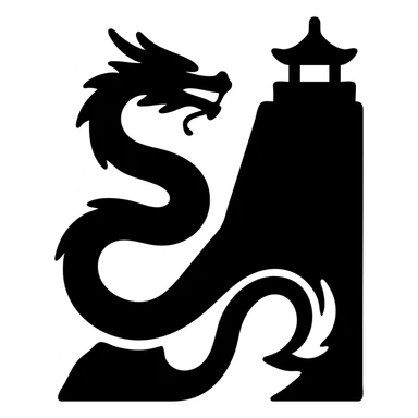Eastern dragon with long serpentine body curling up a steep cliff with a Chinese temple on top sticker