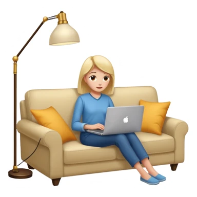 A girl is working with a laptop while lying on a sofa, with a floor lamp to the right. sticker