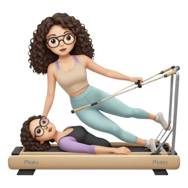 Memoji-style girl with long dark brown curly hair, round glasses, large brown eyes, soft rounded face,makeup, warm beige skin tone, wearing Pilates activewear performing Pilates and reformer Pilates exercises on a reformer machine, pastel color palette, smooth soft shading,latino sticker