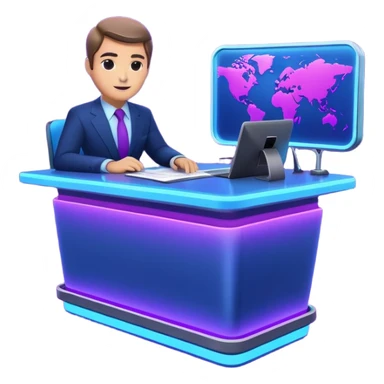 news anchor desk with neon glow effect, blue neon glow on top left, purple neon glow on bottom right sticker