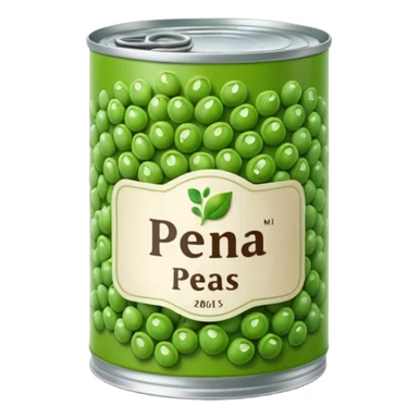 metal can with simple neutral label showing green peas, open top revealing glossy pile of small tender green peas inside, plump and moist suggesting brine preservation, no spoon plate or branding, apple emoji style, soft lighting, subtle shadows, transparent background, emoji scale sticker