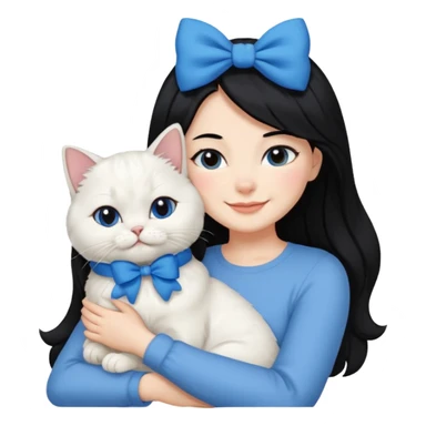 black hair woman snuggling white Persian cat with a blue bow sticker