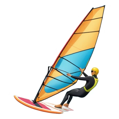 A windsurfer gliding across the ocean, with a vibrant sail catching the wind. The scene captures the motion of the board riding the ocean waves, surrounded by the bright blue sky and ocean, symbolizing the excitement and skill required in the sport of windsurfing. sticker
