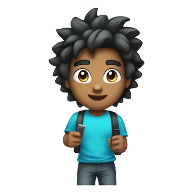 Brown-skinned boy wearing cyan headphones, blue t-shirt, with black hair lifted like a Saiyan, holding a video game controller, looking straight ahead. sticker