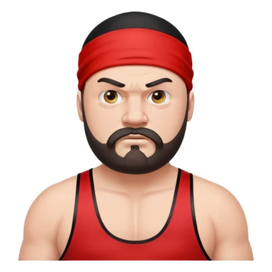 Close-up of very fat white skin guy with young face, beard and mustache, no muscle with prominent black durag, black eyes in a red and black wrestling singlet with angry face sticker