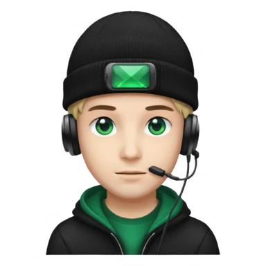 garcon avec un bonnet noir avec un emeraude dessus et un casque gaming moin bronzé sticker