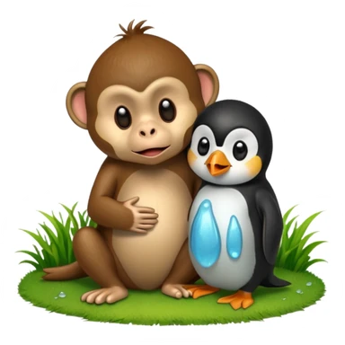 A monkey melting and crying while having a penguin on its head and both of them are touching grass sticker