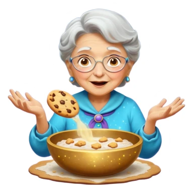 Portrait of a magical grandma casting a baking spell, cookies floating out of a glowing bowl, sparkles and flour swirling around, surreal atmosphere, emoji-style sticker