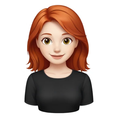 Red-haired girl, white skin, dark hazel eyes, dressed in a black blouse smiling sticker