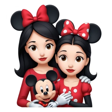 Dark haired women on her own with mickey mouse and Minnie Mouse sticker