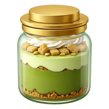 A small round glass jar with a gold lid, filled with layered dessert: creamy white base, green matcha layer in the middle, and a crunchy topping on top.

 sticker