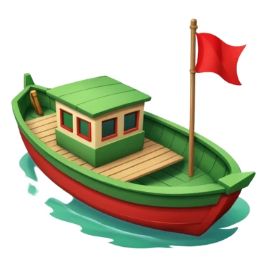 green boat in cartoon having a small place to live and a small red flag on it sticker