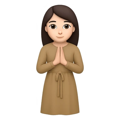 Create a third variation of a woman standing and praying from the front view, wearing a long tan dress, with dark brown hair, in the style of emoji. Remove the background. sticker