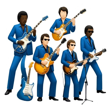 Icon for Blues Music: collage of legendary blues artists. Gary Moore, Eric Clapton, B.B. King and Joe Cocker. Represented by silhouettes or symbolic items like guitars, microphones, or music notes, reflecting the soulful energy of blues music. Transparent background. sticker