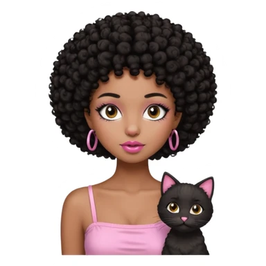 Dark brown skin girl with short black curly hair afro styled , she has pretty wispy cat eyelashes and is wearing a light pink tube top with lip gloss  sticker