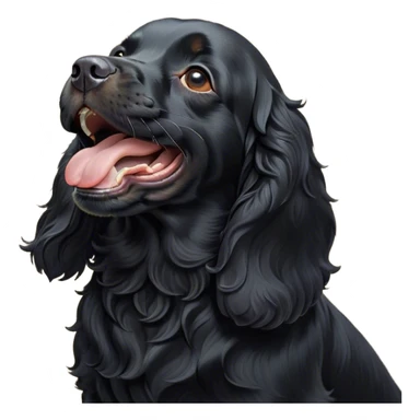 Cinematic Cute Yawning Black Cocker Spaniel Portrait Emoji, Head tilted slightly with a dramatic, wide-open yawn, showcasing a sleek black coat with subtle tan highlights, floppy ears slightly drooping, round dark eyes barely open in drowsy contentment, Simplified yet irresistibly adorable features, highly detailed, glowing with a soft, cozy glow, high shine, relaxed yet expressive, stylized with a touch of whimsy, bright and endearing, soft glowing outline, capturing the essence of a sleepy yet affectionate companion, so drowsy it feels like it could stretch out of the screen and curl up for a nap! sticker