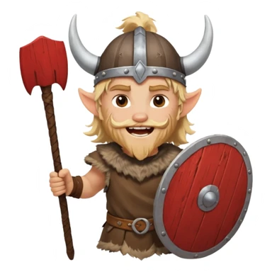 A young Viking warrior with messy hair painted cheeks, wooden shield, and fierce excited grin with horned helmet sticker