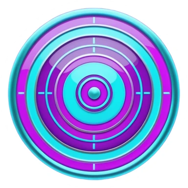 Futuristic glowing bullseye target emoji, neon purple and cyan holographic glow, dark background, digital tech style, abstract sparkles, no face. sticker