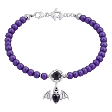 gothic bracelet with deep purple satin band, silver bat charm, black gemstone accent, luxurious and gothic, matching the choker and earrings sticker