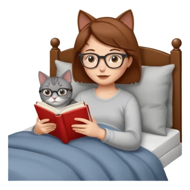 A girl is lying in bed. She has short chestnut hair styled neatly, is wearing glasses, and is reading a book. A grey cat is lying on her legs. sticker