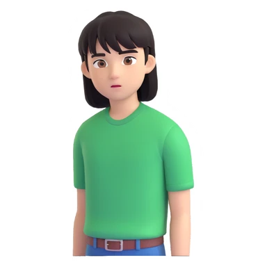 A boy with straight bangs covering his eyebrows, long hair at the back, black eyes, and brownish-black hair, wearing a green shirt the color of brilliant green antiseptic. sticker