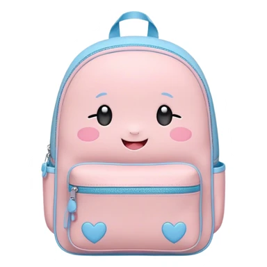 Cute Kawaii Backpack, round and chubby, soft pastel pink and blue, tiny heart-shaped zippers, blushing cheeks, a tiny smiling face, a happy school-time companion! sticker