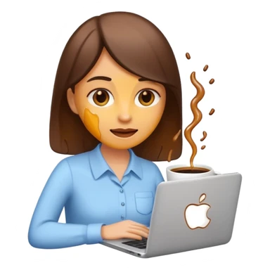 Office girl with laptop melting inside a coffee cup, funny emoji style. sticker