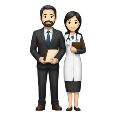 husband american age 50 dark brown hair trimmed beard wearing dark business suit holding bible together, wife asian age 50 black hair wearing nurse uniform, no children sticker