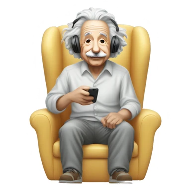 albert einstein happy listening music with wireless headphones while sitting on the chair sticker